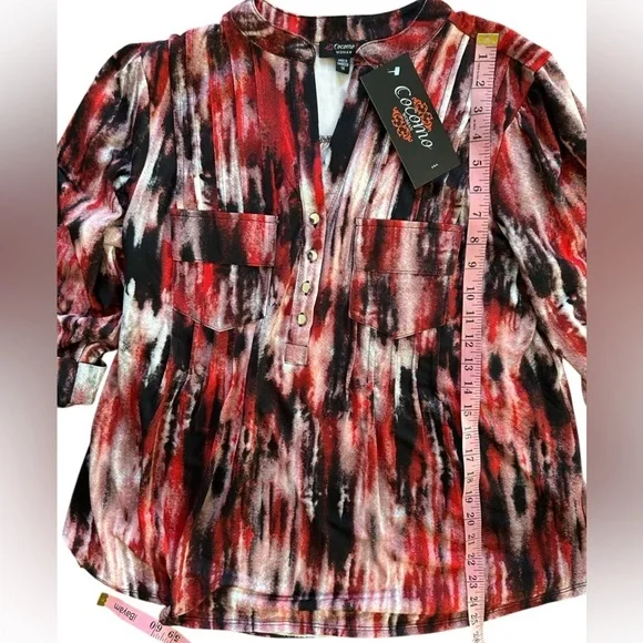 COCOMO 1X Red Black Plus Size  3/4 sleeve women's Pintuck … - Picture 10 of 12